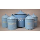 A Set of Five Blue Enamelled Storage Jars for Flour, Sultanas, Macaroni, Semolina etc, Tallest