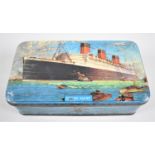 A Vintage Queen Mary Tin Containing Handwritten Cunard White Star Queen Mary Postcard and Royal