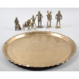 A Collection of Cast Metal Figures of Tradesman Together with Circular Tray and Hipflask