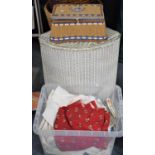 A Wicker Corner Clothes Basket, Sewing Box and Contents and Collection of Fabrics etc