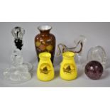 A Small Collection of Glassware to comprise Yellow Glass Vases with Central Cartouches For Whitby