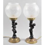 A Pair of Brass Mounted Figural Table Lamps, the Supports in the Form of Cherubs, Acid Etched
