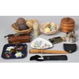 A Collection of Curios to Include Decorated Eggs, Onyx Bowl, Vintage Bankcard Calculator, Napkin