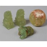 A Collection Jadite Items to Include Pair of Temple Lions, Frog and Roundle Decorated In Relife with