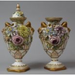 A Pair of Floral Encrusted Vases with Twin Rams Head Handles and Gilt Highlights, Underglaze Cross