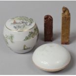 Two Soapstone Seals Together with Porcelain Wax Box and an Oriental Lidded Pot of Squat Barrel Form