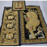 A Collection of Three Indian Sequined Embroideries Depicting Dragons, Elephants and Tiger