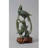 A Jade Type Carved Study of Birds on Carved Wooden Stand, 19cm high