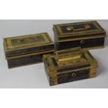 A Collection of Three Brass Mounted Tin Cash Boxes, the Largest 25cm Wide