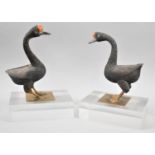 A Pair of Antique Silver and Amber Enamelled Studies of Chinese Geese Mounted on Much Later