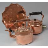 A Copper Kettle, Copper Electric Kettle (Missing Cable) and a Wavy Rimmed Circular Copper Tray