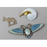 An Egyptian Revival Silver and Blue Enamel Scarab Brooch, Missing Pin Together with a Silver Pennant