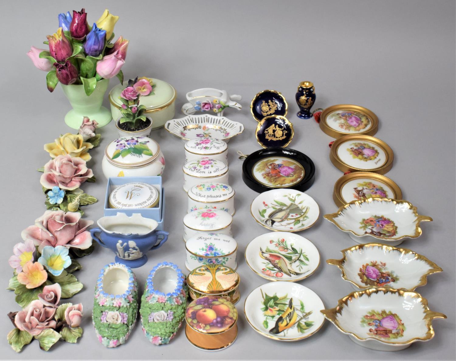 A Collection of Various Continental and English Ceramics to Comprise Limoges Lidded Boxes, Encrusted