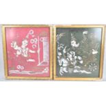 A Pair of Gilt Framed Indian Woodblock Prints on Silk, Each 42x48cm