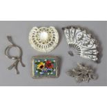 Four Vintage Brooches to Include Siam Silver, Italian Micro Mosaic, Vine and Grape Plus Modern White