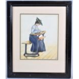 A Framed Edwardian Watercolour Depicting Lady Sat at Work Desk, Monogrammed AMD 1906, 21x18cm