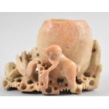 An Oriental Carved Soapstone Vase Decorated with Monkey and Bird, 13cm Long