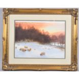 A Gilt Framed Print Depicting Sheep in Winter Landscape, 39x28cm