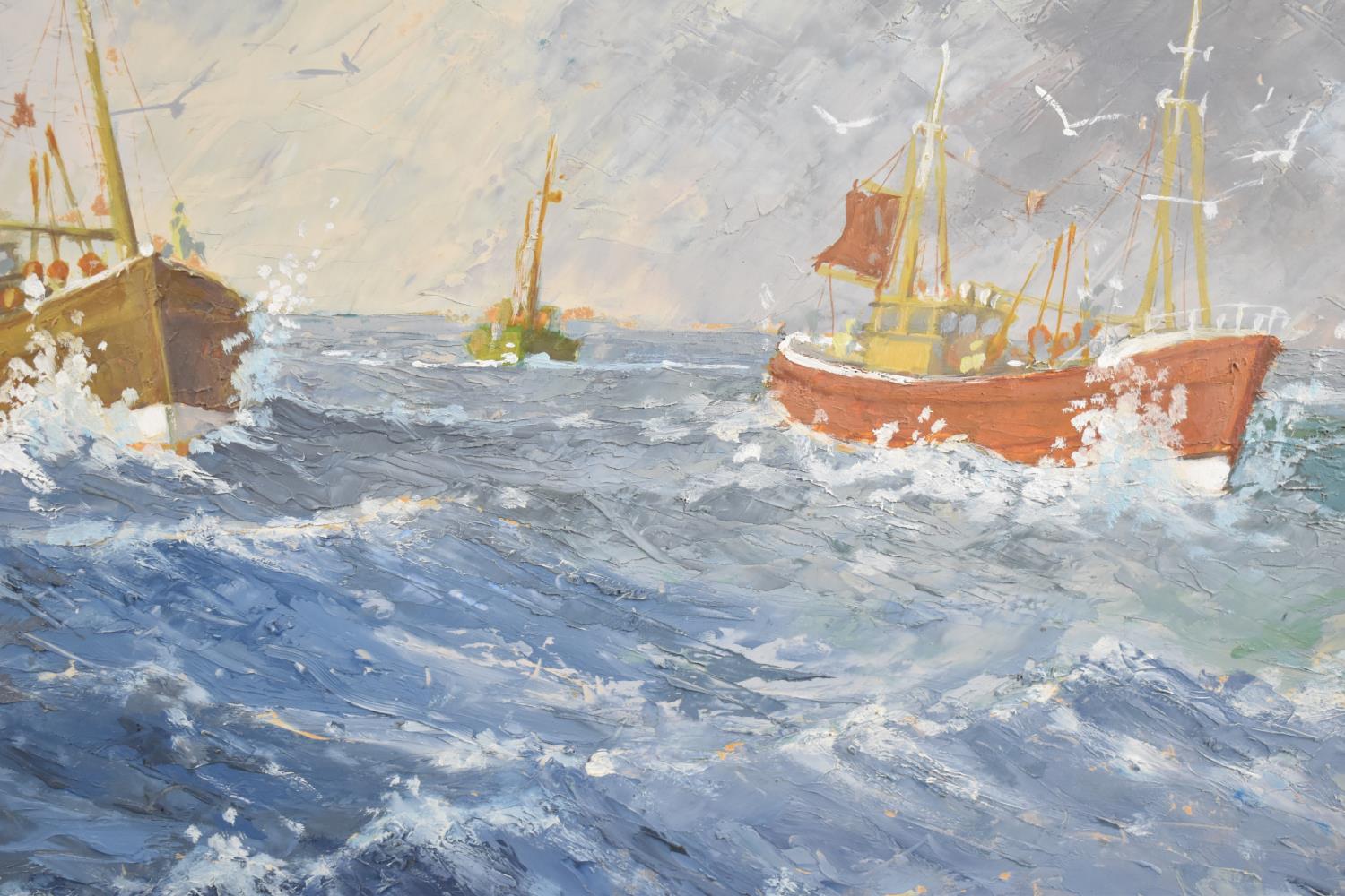 A Framed Oil on Board Depicting Fishing Boats Returning to harbour in Stormy Seas, Signed L - Image 2 of 2