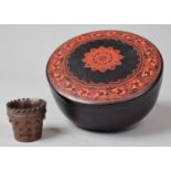 A Circlindical Lacquered Box with Red Geometric Design Together with a Small Carved and Pierced