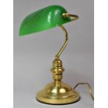 A Modern Brass Desktop Adjustable Lamp with Green Opaque Glass Shade, Working Order, 37cm high