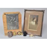 A Vintage Easel Back Photo Frame, Shire Horse Society Presidents Badge, Morris 8 Badge, Welsh Dragon