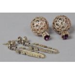 Two Pairs of Silver Earrings, One in the Form of Feathers the Other Pierced and Orbs with Amethysts