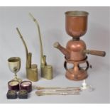 A Vintage Copper Spirit Kettle, Chinese Pipes, Ceramic Thimbles etc