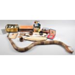 A Collection of Sundries to Include Wooden Articulated Snake, Vintage Rubix Cube, String of