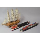 Two Wooden Models of Canal Boats, Both 39cm Long Together with a Wooden Model of a Three masted