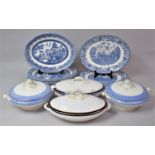 A Collection of Various Blue and White Dinnerwares to comprise Oval Plates, Two Lidded Tureens,