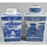 Two Blue and White Willow Pattern Ringtons Tea Caddies, One Missing Lid, Each 20cm high