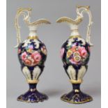 A Pair of Late 19th Century Hand Painted and Gilt Decorated Ewers, Possibly Allcock, Restoration