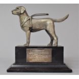 A Vintage White Metal Model of a Guide Dog Mounted on Wooden Plinth with Presentation Plaque to