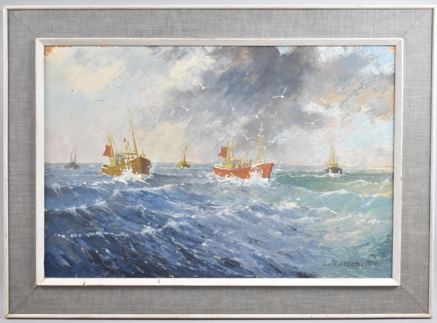 A Framed Oil on Board Depicting Fishing Boats Returning to harbour in Stormy Seas, Signed L