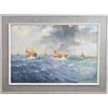 A Framed Oil on Board Depicting Fishing Boats Returning to harbour in Stormy Seas, Signed L