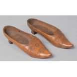 A Pair of Carved Olive Wood Ladies Slippers, 13cm Long