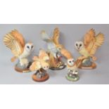 A Collection of Five Ceramic Owl Ornaments to Include Examples by Lladro Collection, One Wing Glued