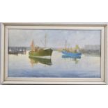 A Framed Oil on Board Depicting Fishing Boats in Harbour, Signed L Pearson '77, 49x25.5cm