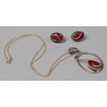 A Suite of Silver and Red Jasper Jewellery to Include Earrings and Pendant Necklace