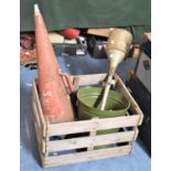 A Vintage Wooden Crate Containing Fire Extinguisher, Funnel, Bucket