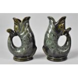 A Pair of Glazed Fosters Studio Fish Gluggle Jugs, 20cms High