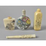 A Collection of Three Oriental Bone and Ceramic Snuff Bottles together with a Carved Cheroot Holder,