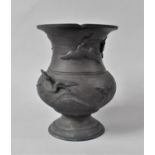 A Dark Patinated Bronze Chinese Baluster Vase, Decorated with Flying Cranes, 21cms High