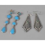 Two Pairs of Silver Drop Earrings having Turquoise and Green Stone Mounts