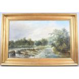 A Gilt Framed Oil on Canvas Signed JC Ward 1875, Weir on River by Burton, 65x40cms