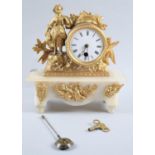 A Late 19/Early 20th Century Gilt Metal and Alabaster Figural Mantel Clock with Drum Movement, Key