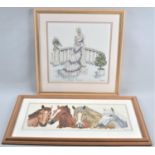 Two Framed Modern Tapestries, Horses and Maiden on Bridge, 47x18cms and 30x30cms