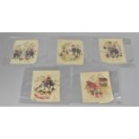 A Collection of Five Eastern Silk Needlework Panels Depicting Tiger Hunt, Courtier Scenes, Ox Cart