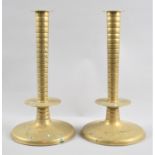 A Pair of Brass Candlesticks of Turned, Ribbed Form, 32cms High